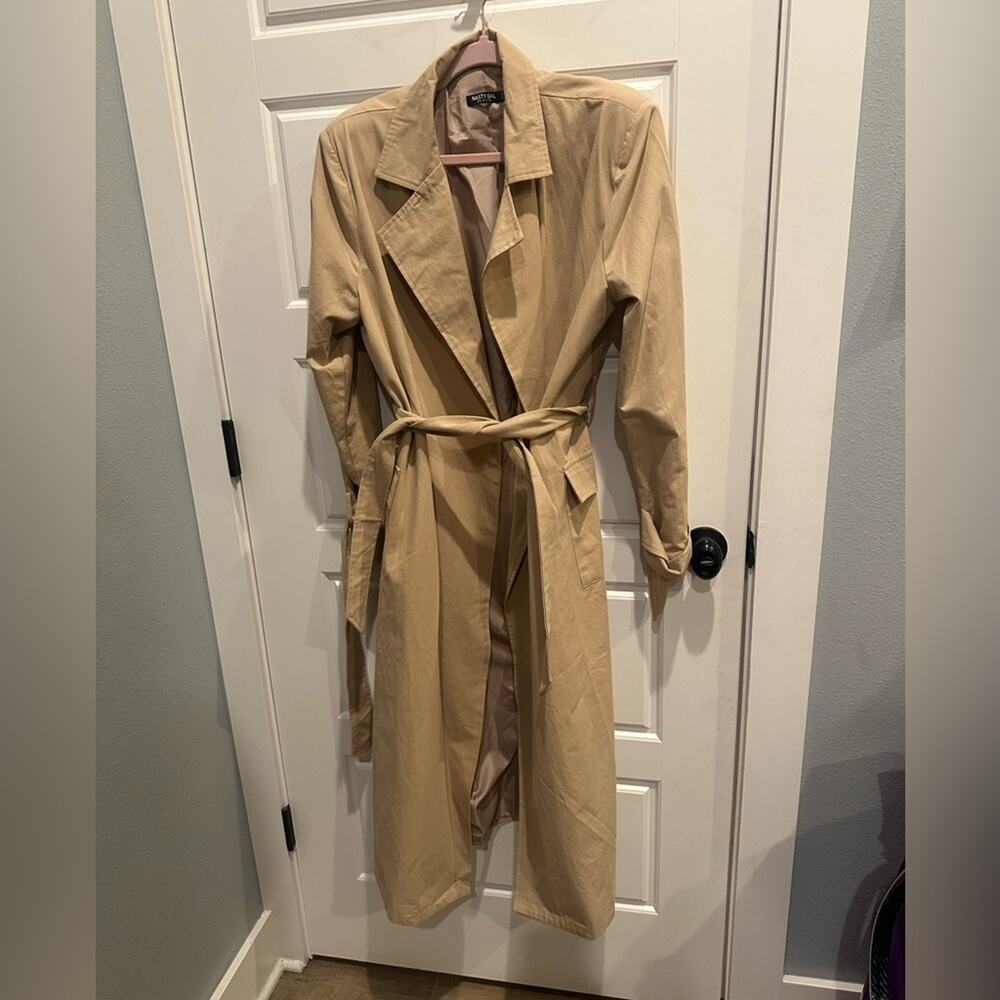 Nasty Gal 6 Khaki Long Trench Coat Belted Classic Jacket Quiet Luxury Euro Chic